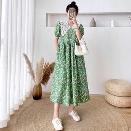 Korea Chic Summer Vintage Large Lapel Slim Waist Floral Dress Woman Puff Sleeve Casual Fashion Clothes Vestido Feminino 210529