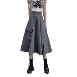 Vintage Split Chain Skirt A-Line Pocket Knee-Length High Waist Loose S3005 210514