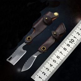 1Pcs Small D2 Steel Keychain Folding Blade Knife Satin Blades Cow Leather Sheath Handle Knives EDC Tools