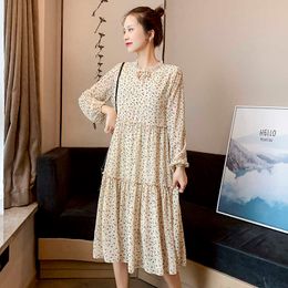 Autumn Maternity Long Sleeve Chiffon Floral Lactation Dress Pleated Ruffle Patchwork Pregnancy Nursing Dress Breastfeeding Dress