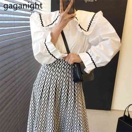Elegant Women 2 Piece Set Sailor Collar White Ruffles Blouse Shirts+Geometric Ruched Midi Skirts Suits Ladies Outfits 210601