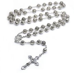 Vintage Cross Women Rosary Necklace Accessories Rose Flower Religious Necklace For Wedding Ladies