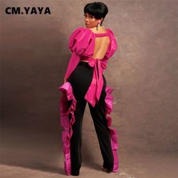 CM.YAYA Women Two 2 Piece Set Pull Long Sleeve Backless Crop Tops and Ruffles Side Patchwork Pants Matching Outfit Tracksuit 220315