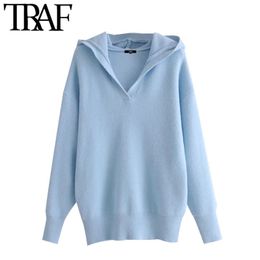 TRAF Women Fashion Soft Touch Loose Knitted Hoodies Sweatshirt Vintage Long Sleeve Hooded Female Pullovers Chic Tops 210415