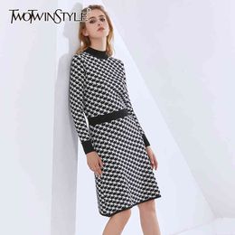 TWOTWINSTYLE Elegant Plaid Knitted Women's Dress Stand Collar Long Sleeve High Waist Lace Up Bowknot Dresses Female Fashion 210517