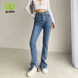 GOPLUS Jeans Woman High Waist Jeans Streetwear Light Blue Denim Trousers Vintage Split Flare Pants Women Korean Pantalon Femme 210715