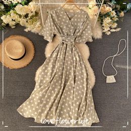 Print Elegant A-line Vestidos V Neck High Waist Fashion Korean Vintage Dresses Short Sleeve Summer Dress Women 210521