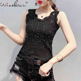 Diamonds Vest Women Tank Tops T shirt V-neck Lace Embroidery Black White Knitted Slim Clothing Casual T02702B 210421