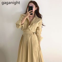 Cargo Women Pleated Maxi Dress Long Sleeve Turn Down Collar Solid A Line Dresses Office Lady Chic Korean Vestidos 210601