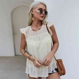 Sleeveless O-Neck Casual White Top womens T-shirts fashion Summer Vintage Ruffle Sleeve TShirt tops for women clothing tshirts 210508