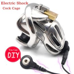 2021 New Electric Shock Stainless Steel Male Chastity Device with Lock Electro Cock Cage Penis Rings Adult Sex Toys For Men S0824