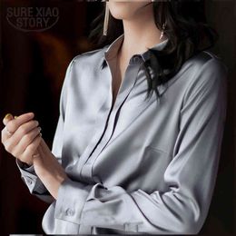 Casual Long Sleeve Single Breasted Blouse Spring Autumn Silk Satin Shirt Women Solid Vintage Ladies Clothing 12283 210415