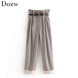 Fashion Paper Bag Plaid Pants Women Sashes Decorate Pleated Long Trousers Lady Pockets Straight Loose Bottoms Wide Leg Pantalon 210515