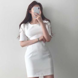 Minimalism Summer White O Neck Short Sleeve Wrap Hip Dress Women Mini Casual Fashion Vestido Feminino All-match Oversize 210610
