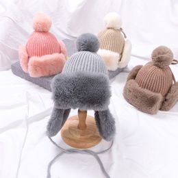 Baby Boys Girls Winter Hat Children Ear Flap Muff Warm Plush Cotton Cap Knitted Beanie Kids Bonnet 3-36 Month