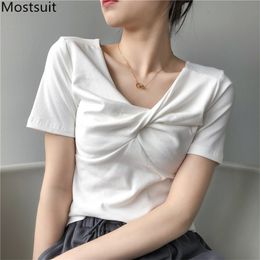 Summer Stylish Women T Shirt Tops Short Sleeve V-neck Cross-criss Tees Korean Fashion Casual Slim Solid T-shirt Femme 210513