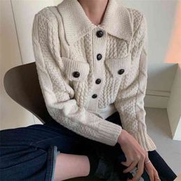 Korean Casual Chic All-match Cardigan Sweaters Autumn Winter Vintage Jumper Women Long Sleeve Pocket Short Sweater Coat 210514