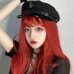 -Parrucca di colore giapponese e coreano della parrucca femminile del vino rosso lungo capelli lisci diritti dritti Bangs tinto sintetico