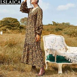 Long Dress Women Fashion Floral Print Sleeve V Neck Maxi Casual Loose Oversize Vintage Autumn Elegant Robe 210515