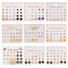 12pairs/set Fashion Crystal Bead Charm Stud Earrings Set For Women Geometric Flower Bowknot Pearl Earring Statement Party Jewelry Gift