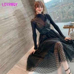 Fashion suit temperament sexy polka dot skirt with high collar bottoming jacket two-piece dress 210416
