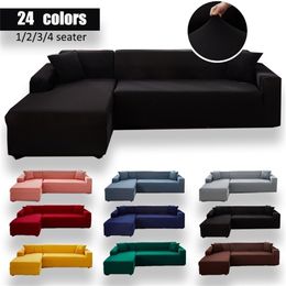 Black Soild Colour Elastic Corner Sofa Cover for Living Room 2 3 4 Seater Chaise Longue Decorative L Shape Protection 211116