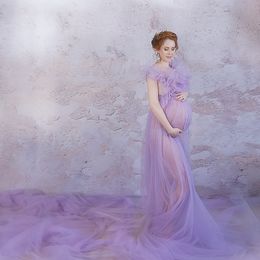 Tulle A Line Prom Dresses Sleeveless Pregnant Women's Dress Long Train Sheer Maternity Gowns for Photo Shoot