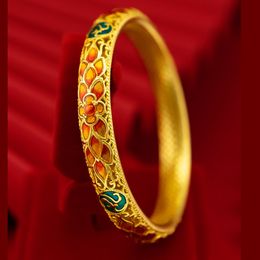 Enamel Blue Flowers Hollow Women Bangle 18k Yellow Gold Filled Wedding Party Accessories
