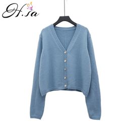 H.SA Fall Fashion Sweater and V neck Single Breasted Knit Short Korean Crop Cardigans Knitwear Tops 210417