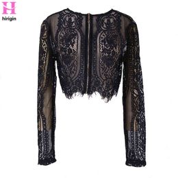 2018 New Spring Summer Black Lace Blouse Women Tops Hollow Out Shirt Long Sleeve Blouse Sexy Lady OL Office Lady Clothings H1230