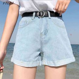 Summer Women Casual Black Denim Shorts With Belt Classic Female High Waist Solid Colour Blue White Jeans 210430