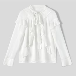 Women White Bow Collar Long Sleeve Loose Solid Ruffle Chiffon Shirt Spring Summer B0737 210514