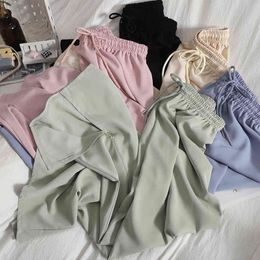 Lace-up elastic waist straight-leg pants spring summer gentle solid color casual Korean wide-leg with open trousers 210420
