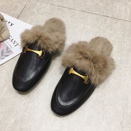 LazySeal Winter New Real Fur Ciabatte con fibbia in metallo Scarpe da donna Mocassini Scarpe incinte Donna Scivoli pelosi Fluffy Hairy Flip Flops DHL