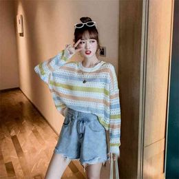 Spring and Autumn Striped Knitwear Women's Hong Kong Style Retro Korean Round Neck Hollow Top 210427