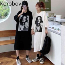 Korobov Korean Chic T Shirt Dress New O Neck Oversize Female Dresses Harajuku Ulzzang Print Streetwear Robe Femme 210430