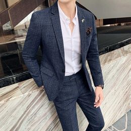 (Jackets+Pants) 2021 New style Men's spring High quality cotton business Blazers/Male slim plaid Two suit/plaid groom dress 3XL X0909