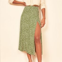 Fashion vintage skirt flower polka dot print high waist stretch split long A-line s for women beach maxi 220221