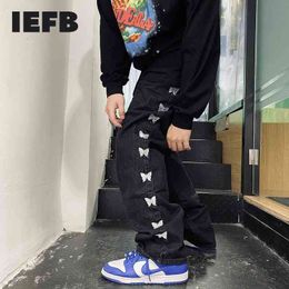 IEFB Men's Black Jeans Harajuku Butterfly Embroidery Hip Hop High Street Loose Straight Leg Daddy Pants Man Trousers 9Y5330 210622