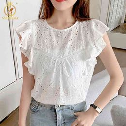Summer Lace Hollow Out T-Shirt Women Ruffles Short Sleeve Tees Elegant Casual Solid Ladies O Neck White Tops 210520
