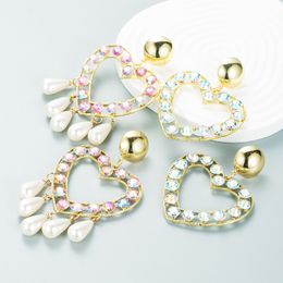 Trendy Crystal Heart Shape Drop Earrings Vintage Imitation Perl Beaded Statement Dangle Earrings Female Party Jewellery