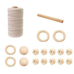 -Tapeçarias DIY Macrame Kit de algodão thread thread terno 100m corda + anel de madeira vara de cor contas para cabide de parede suspensão