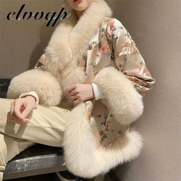 Women's Winter Warm Faux Fur Parka Jacket Female Down Cotton Coat With Collar Embroidery Flowers Coats Jackets Overcoat 211220