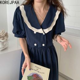 Korejpaa Women Dress Summer Age-Reducing Double-Layer Wavy Side Doll Collar Double-Breasted Lace-Up Puff Sleeve Vestidos 210526