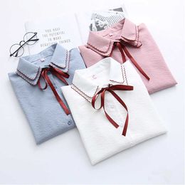 Women Elegant Blouses Turn-Down Collar Long Sleeve Kawaii Striped Blous Female Sweet Bow Button Office Shirt Tops 210604