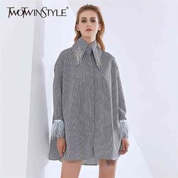 Stirped Women's Dress Lapel Collar Long Sleeve Patchwork Feathers Tassel Loose Dresses For Female Fashion 210520