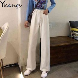 White Jeans for Women Boyfriend Loose High Waist Straight Mom Office Ladies Casual Wide Leg Denim pants Female Streetwear 210809