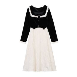 Woman Elegant Black White Slash Neck Long Sleeved Knee Length Dress A-line Chic Vintage D2146 210514