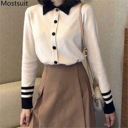 Color-blocked Knitted Casual Women Pullover Sweater Single-breasted Turn-down Collar Tops Fashion Korean Vintage Female Jumpers 210513