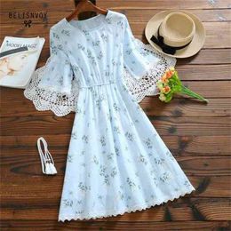 Mori Girl Sweet Short Sleeve Dress Summer Women Cotton Linen Floral Printed Dresses Green Pink Female Crochet Vintage Vestidos 210520